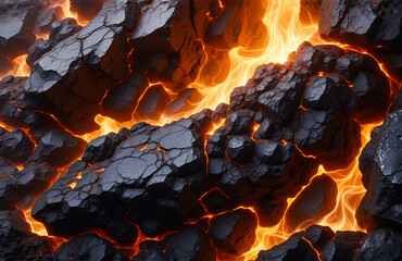 Aufkleber - Molten lava flows between dark, jagged rocks, creating a dynamic and intense scene. The fiery orange liquid contrasts sharply with the rough, black stone.