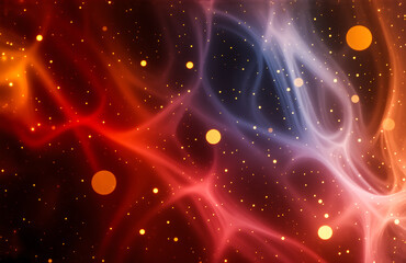 Aufkleber - Abstract cosmic scene with swirling shades of red, blue, and orange, evoking a nebula. Bright golden dots are scattered throughout the image.