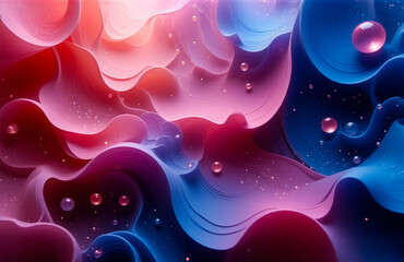 Poster - Abstract image featuring smooth, flowing shapes with pink and blue gradients, enhanced by small, reflective spheres.