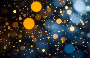 Aufkleber - Abstract background featuring a bokeh effect with blurred golden and blue circular lights, creating a dreamy and festive atmosphere against a dark backdrop.