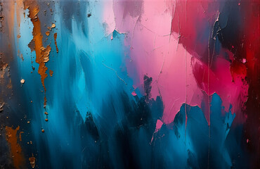 Aufkleber - Abstract painting featuring a dynamic mix of vibrant hues. Blue, pink, red, and gold blend and swirl, creating a textured and artistic composition.