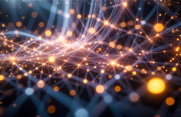 Leinwandbilder - An abstract digital network with glowing orange and blue nodes interconnected by lines, symbolizing data streams and technological connections.