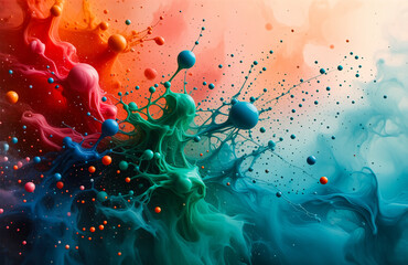 Aufkleber - Vibrant paint bursts in shades of orange, red, green, and blue blend dynamically, creating an abstract and fluid artistic composition.