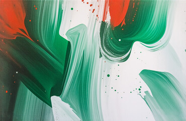 Leinwandbilder - Abstract artwork featuring dynamic brushstrokes in orange and green hues blending on a white backdrop, creating a textured and vibrant visual.