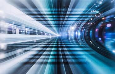 Aufkleber - Abstract futuristic tunnel with bright light at the end. Blue and white lights create a sense of speed and motion, evoking technology and digital realms.