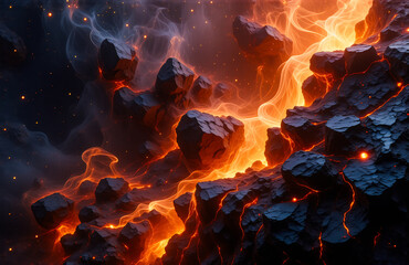 Leinwandbilder - Fiery magma flows around jagged dark rocks, creating a dramatic landscape filled with intense heat and glowing light.
