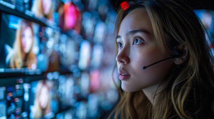 Poster - Young woman engaged in late-night video conference with headset, multiple screens, and vibrant background, capturing remote work and technology concepts