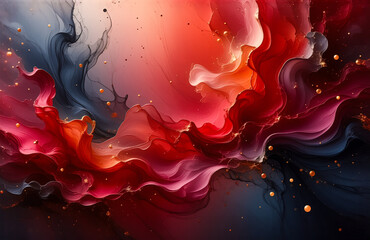 Poster - Dramatic swirling abstract art with fiery red and dark gray hues intermingle, accented by golden specks.  Evokes a sense of dynamic motion and elegant fluidity.