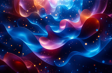 Fototapete - Abstract flowing shapes in vibrant blue, orange, and pink hues, dotted with sparkling elements, creating a deep, cosmic, and futuristic visual.