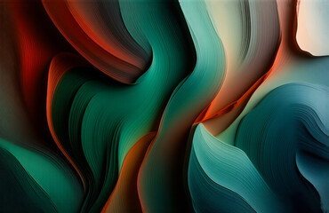 Poster - Intricate abstract design with flowing shapes in red, green, blue, and brown hues. Wavy and smooth texture creates a dynamic and organic feel.