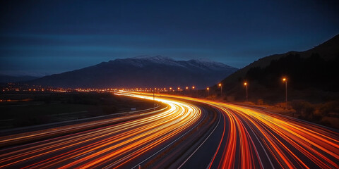 Aufkleber - Light trails illuminating highway at dusk with mountains in background