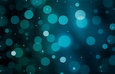 Poster - Dreamy bokeh lights of teal and blue dance on a dark backdrop, creating a soft and abstract atmosphere.  Circular shapes vary in size, adding depth to the glowing, blurred effect.
