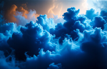 Aufkleber - Dramatic skyscape featuring voluminous, fluffy blue clouds. Hints of orange and golden light break through, creating a dynamic and atmospheric scene.