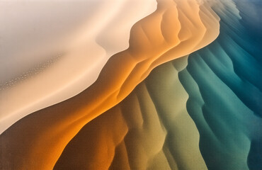 Poster - Abstract wavy shapes blend from beige and orange to teal and blue in a smooth gradient, creating a fluid and organic design.