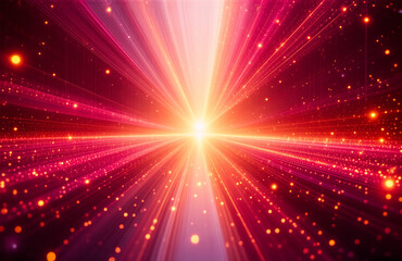 Fototapete - Central bright light bursts, radiating outwards with red and orange beams. Tiny particles illuminate the dark cosmic space, creating an abstract, vibrant glow.