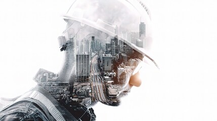 Poster - Double Exposure Portrait of Engineer in Hard Hat with City Background