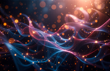 Aufkleber - Abstract glowing lines weave and flow across a dark backdrop, illuminated by scattered bokeh circles.  A vibrant display of light and motion creates an ethereal, futuristic atmosphere with depth and d