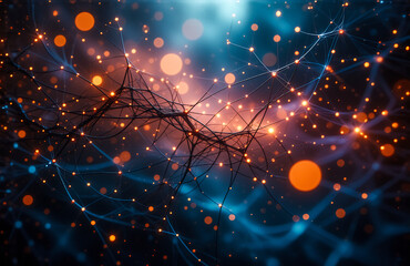 Aufkleber - Abstract image depicting a network with glowing orange and blue dots connected by lines on a dark blue backdrop, representing digital communication and futuristic technology.