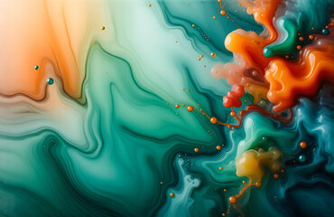 Aufkleber - Swirling shades of orange, green, and white blend in an abstract fluid art piece, creating a mesmerizing and vibrant design.