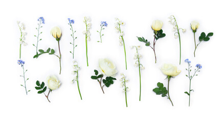 Wall Mural - flowers white small roses, white flowers lily of the valley ( convallaria majalis ) and blue wildflo