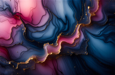 Poster - Here's a description and keywords:

Abstract artwork featuring fluid, swirling colors like indigo, rose, and gold in a dynamic composition. The art evokes emotion and depth with its organic forms.