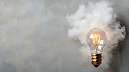 Poster - Bright Light Bulb Surrounded by Soft White Smoke on Gray Background