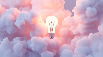 Poster - Light Bulb Surrounded by Soft Pink and Purple Clouds in Dreamy Setting