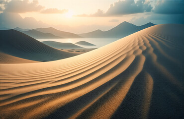 Poster - Hints: the image shows dunes, mountains, sea.

Golden sunlight bathes the rolling sand dunes, meeting distant mountains and calm sea. The serene landscape captures the raw beauty of nature's elements.