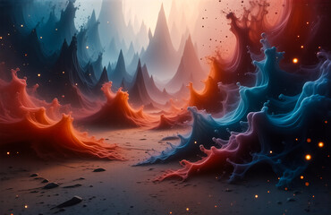 Aufkleber - An ethereal landscape of surreal mountains and swirling, colorful clouds hints at a dreamscape. The scene blends hues of orange, red, blue and light across the rugged terrain.