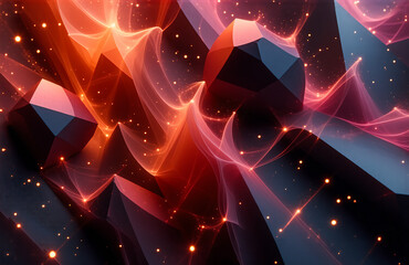 Poster - This image depicts a surreal, abstract composition with geometric shapes and fluid light effects. Red and orange hues dominate, creating a dynamic and captivating scene. The forms suggest a cosmic or 