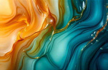 Poster - Hints: The image is an abstract art piece with a blend of colors and fluid patterns.

Abstract artwork showing a vibrant blend of orange, teal, and gold. Fluid shapes flow together creating an artisti