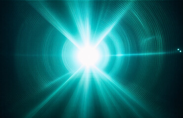 Poster - The image shows a vibrant, radiating burst of turquoise light. The core is intensely bright, spreading outward in a dynamic display of energy and flares. Hints of a cosmic event.