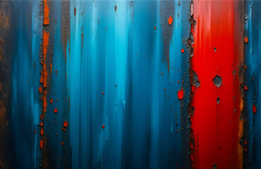 Leinwandbilder - This image hints at rust and abstract textures. Vibrant streaks of red and blue dominate, creating a complex yet simple vertical composition with layered depth.