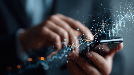 Poster - Double Exposure of Businessman Hands Holding Smartphone with Graph