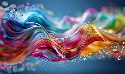 Poster - Vibrant multicolored flowing waves with sparkling bokeh effects create dynamic motion against dark background, featuring fluid abstract shapes in rainbow hues.