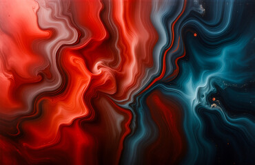 Poster - A swirling abstract artwork with red and blue hues blends, creating a dynamic and fluid visual effect. It suggests movement and energy, with a mysterious atmospheric quality.
