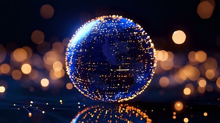 Poster - Glowing digital Earth sphere with network connections floating over reflective surface against blurred bokeh lights background, global technology concept.