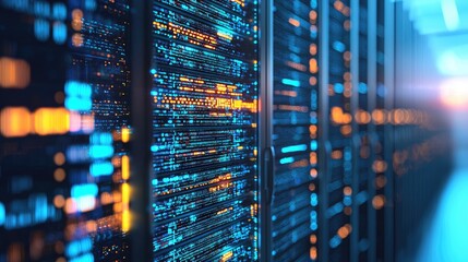 Fototapete - Closeup of glowing data center server racks with dynamic blue and orange lights, ideal for IT branding, cybersecurity visuals and digital technology promotions