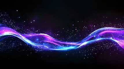 Poster - Magical glowing wave with purple and blue neon light effect on black background, sparkling particles creating dynamic motion trail for modern design.