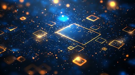Poster - Glowing digital processors and microchips floating in cosmic space with blue light effects and golden particles, futuristic technology concept background.