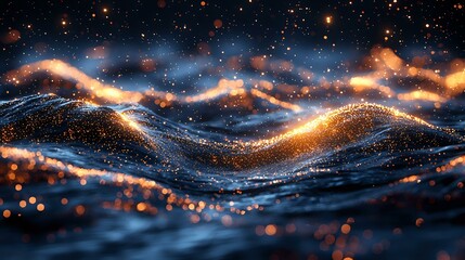 Poster - abstract cosmic landscape with glowing golden waves and particles against dark background, creating 