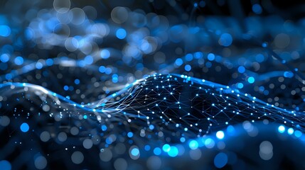 Poster - glowing blue digital wave pattern with bokeh light effects on dark background creates futuristic net