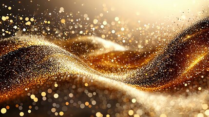 Poster - Luxurious gold and black waves with glowing sparkles and bokeh effects create dynamic flowing motion against dark background, suitable for festive designs.