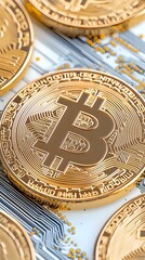 Poster - Golden cryptocurrency coins with circuit board background showing digital finance and blockchain technology concept for modern banking and trading.