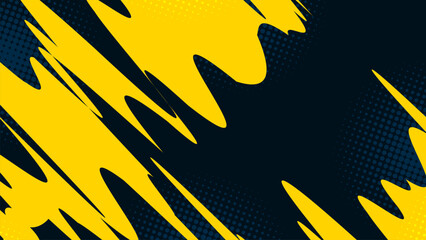 Poster - freeform diagonal yellow stripes on a dark background with non-prominent halftone dots.