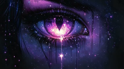 Poster - Mystical cosmic eye with glowing purple nebula reflection and starlight sparkles against dark space background, creating ethereal fantasy atmosphere.