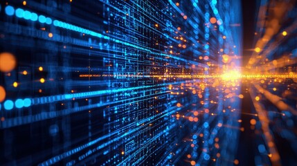 Aufkleber - Glowing data streams flow through a digital server environment with blue and orange lights, perfect for tech branding, IT infrastructure visuals and innovation campaigns