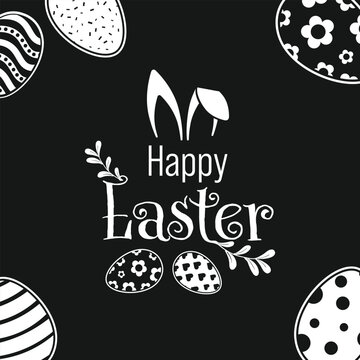 Happy Easter Vector Creative Greeting Card or Banner Design. Decorated Easter Egg, Bunny Ears, Spring Flowers and Plants decorations. Silhouette style Ornamental Eggs Creative Easter and Spring Frame.