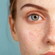 © Keopaserth - close up of young woman face, showcasing her clear skin with freckles and striking blue eye. background is soft blue, enhancing her natural beauty and expression