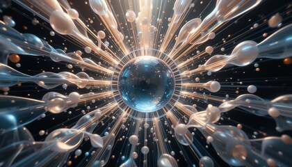Poster - Dynamic energy explosion surrounding a central sphere in a cosmic environment abstract digital art sci-fi perspective